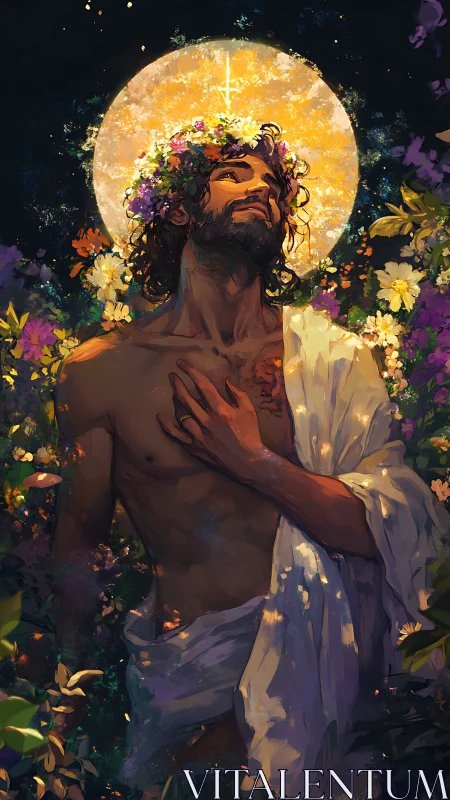 Torso-length figure with floral halo in dense garden scene.