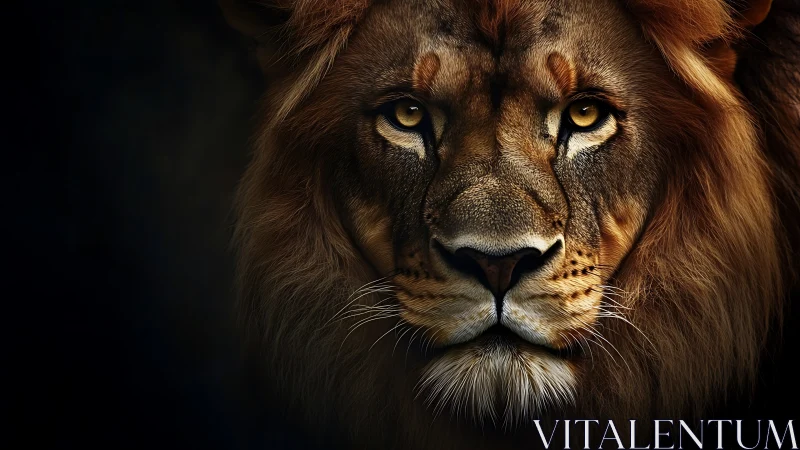 Photorealistic lion portrait with dramatic low key lighting.