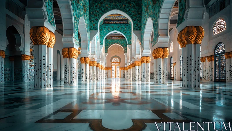 Ornate mosque interior shows luminous arches and patterned columns