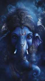 Midnight blue deity with gentle gaze and swirling mist.