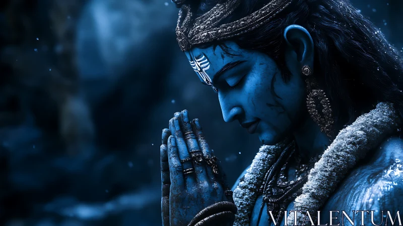 Digital painting of blue deity in meditative prayer profile.
