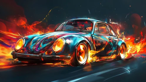 Classic compact car rendered with dynamic flame effects