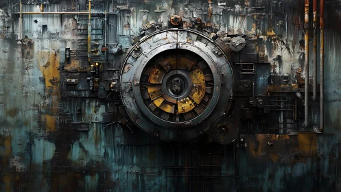 Massive rusted industrial vault door dominates corroded wall