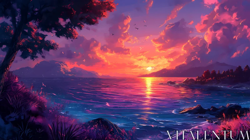 Dreamy coastal sunset washed in violet and gold light.