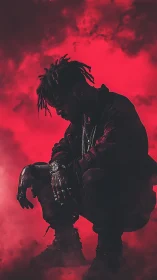 Silhouetted rapper crouches in red neon storm haze.