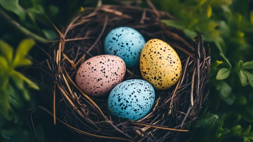 Colored speckled eggs rest in a constructed twig nest outdoors