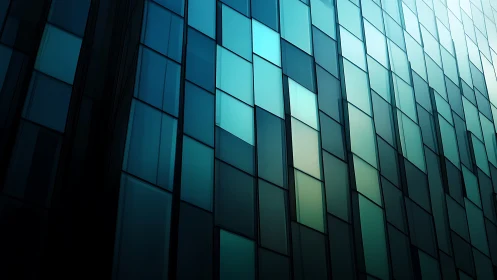 Glass facade patterns glow in sleek teal gradients.