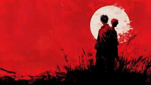 Two lone wanderers under a burning red moonlit sky.