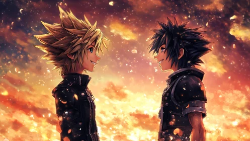 Two anime boys facing each other at glowing sunset sky.
