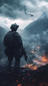 Armored soldier overlooking burning valley under storm clouds.
