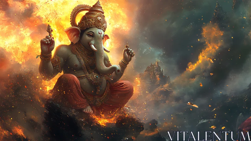 High-detail Ganesha deity rendered amid volumetric fire clouds