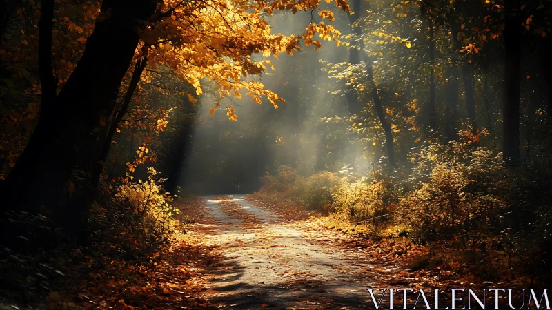 Autumn Forest Path with Volumetric Crepuscular Rays Through Deciduous Canopy