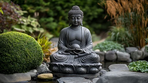 Serene stone Buddha sculpture amid lush garden pondscape.