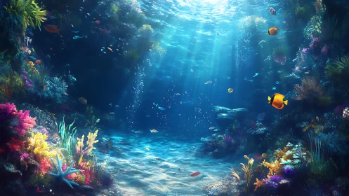 Sunlit coral reef glows beneath tranquil, crystal waves