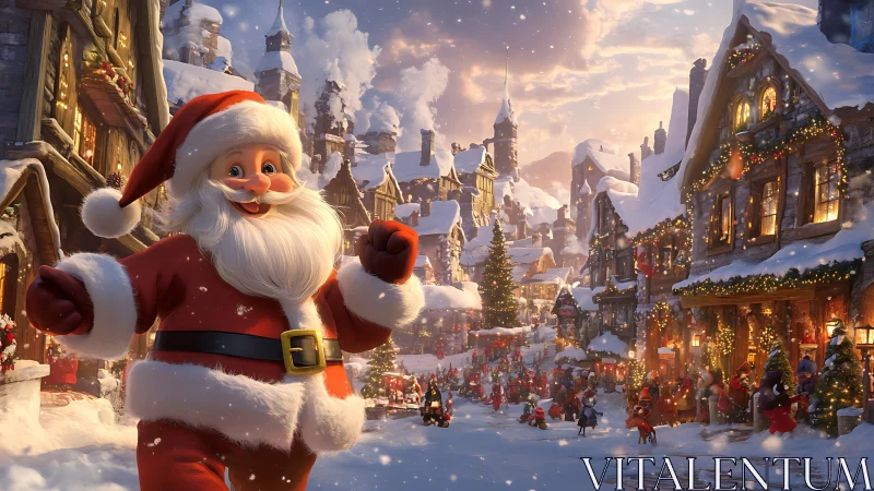 Digital painting of festive Santa in illuminated winter village.