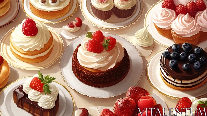Gourmet berry pastries arranged on plates with whipped cream.