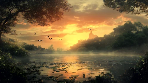 Sunlit river reflects distant peak behind dense forest