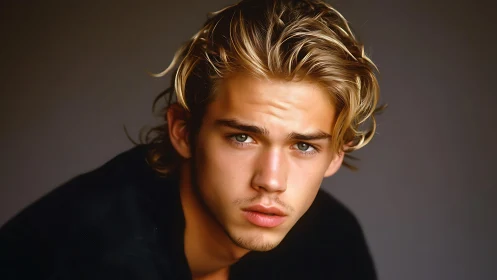 Young man with tousled blond hair looks into camera directly