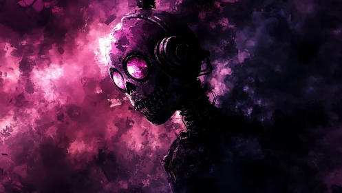 Cybernetic skull portrait in neon magenta atmospheric haze.