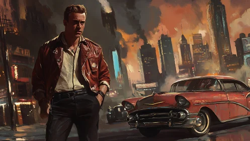 Noir digital painting of man and classic car in burning city.