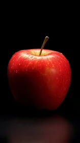 Red apple with water drops on black background, close view.