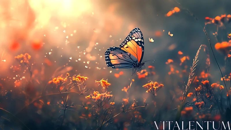 Soft evening meadow with a glowing monarch butterfly.