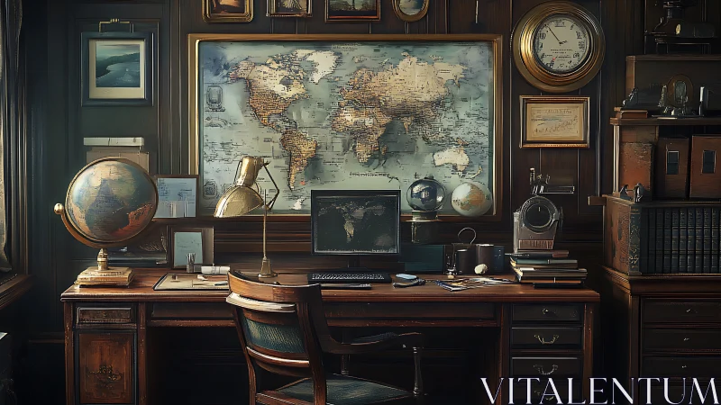 Study desk with globes, wall map, and computer monitor