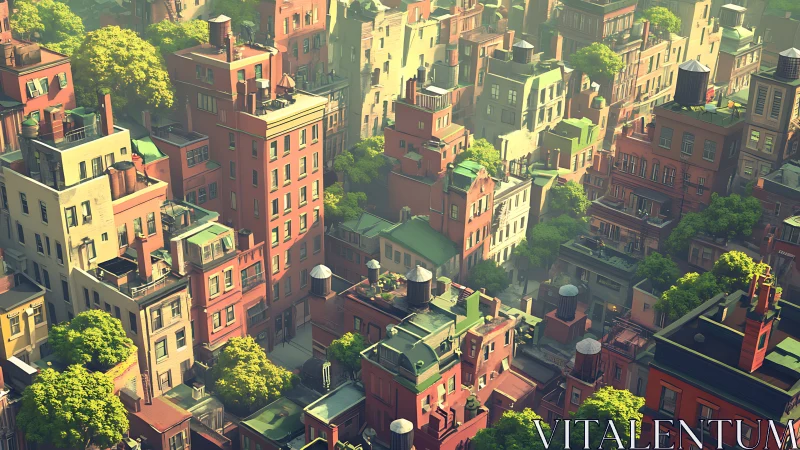 Sunlit rooftop gardens crown a dense brick cityscape.