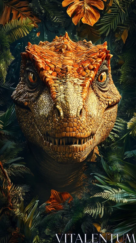 Hyperreal tyrannosaur portrait in dense bioluminescent jungle