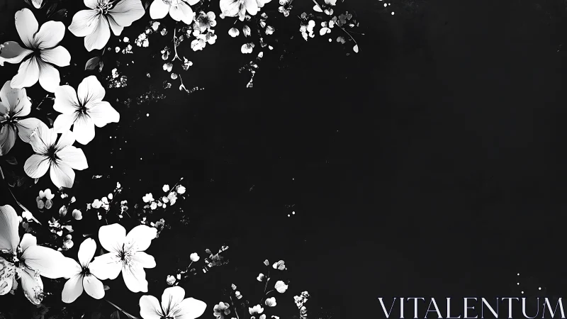 Black and white floral composition with scattered botanical elements