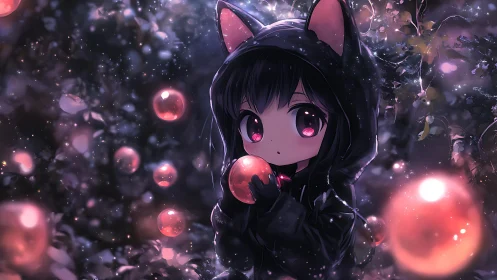 Nocturnal chibi cat-hood figure amid luminescent orbs field.