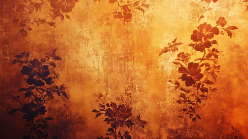 Textured orange wall with silhouetted floral stencil pattern bands
