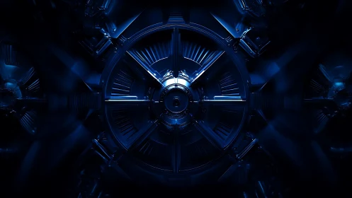 Metallic radial mechanism illuminated with deep blue light