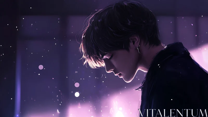 Side profile of youth in purple backlight with particles