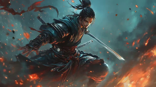 Dynamic samurai warrior lunges through embers in cinematic chiaroscuro