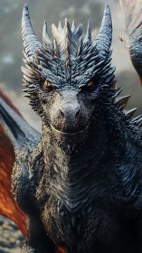 Cinder‑eyed dragon grinning through stormlit ember haze.