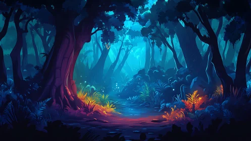 Luminous forest pathway through bioluminescent woodland depths.