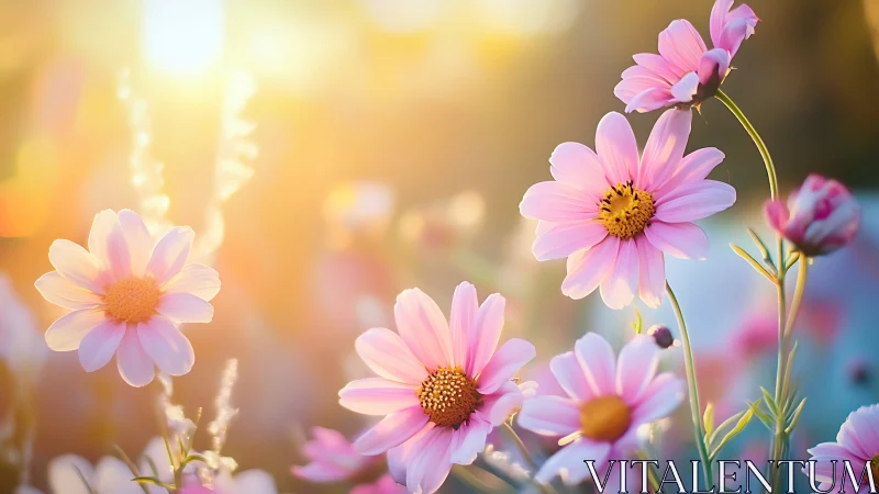 Pink cosmos flowers bloom in golden hour sunlight with bokeh background.