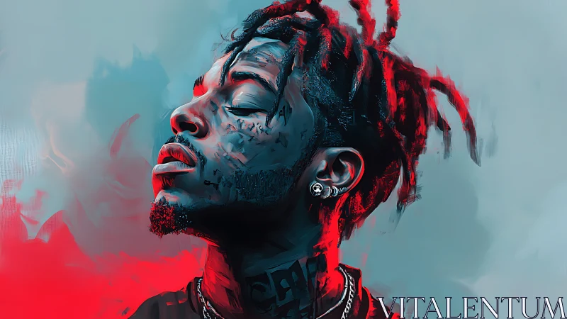 Side-profile portrait shows contemplative man in red-blue light