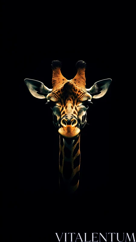 Giraffe portrait glows against deep black negative space.