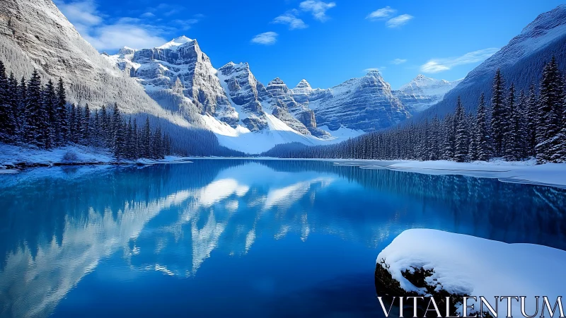Snow covered alpine lake with reflected mountain range.
