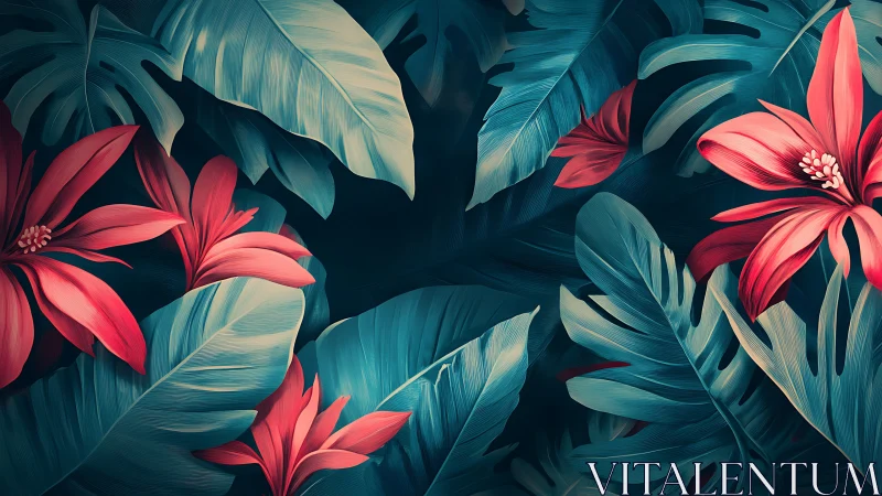 Scarlet jungle blooms whisper through teal moonlit leaves