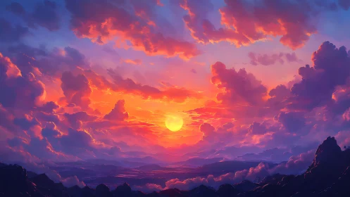 Radiant sun sinks behind distant mountains under glowing clouds