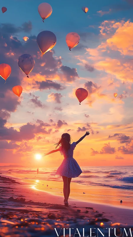 Silhouetted figure on shoreline stands beneath rising balloons