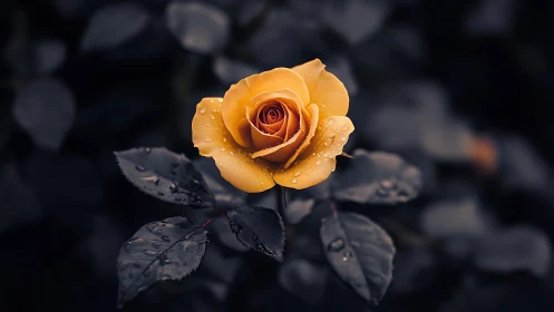 Golden Rose with Hydrophobic Petals Against Darkened Foliage Backdrop.