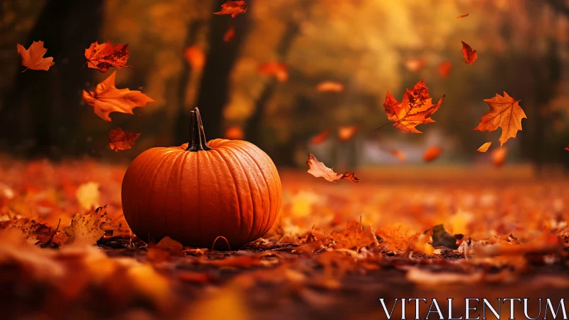 Autumn pumpkin rests amid swirling golden maple leaves.