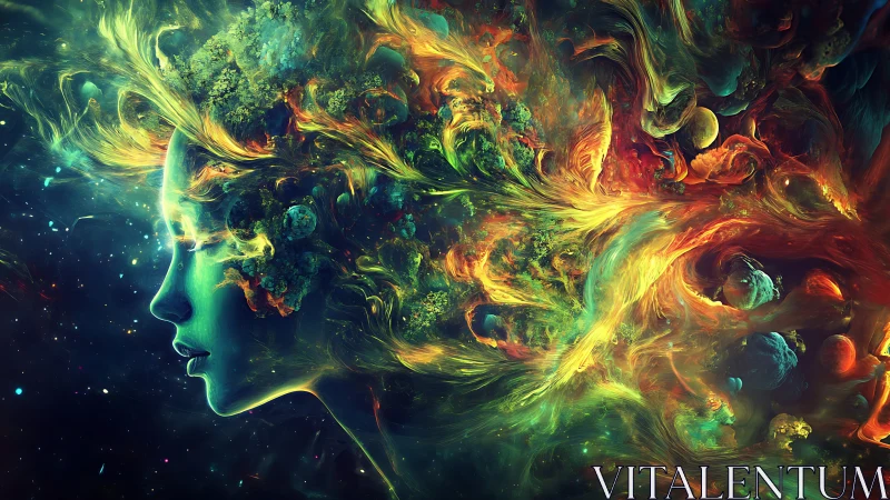 Cosmic dreamer exhales nebulae and worlds into wild bloom