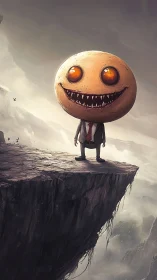 Grinning moon-headed figure stands ominously on a cliff edge.