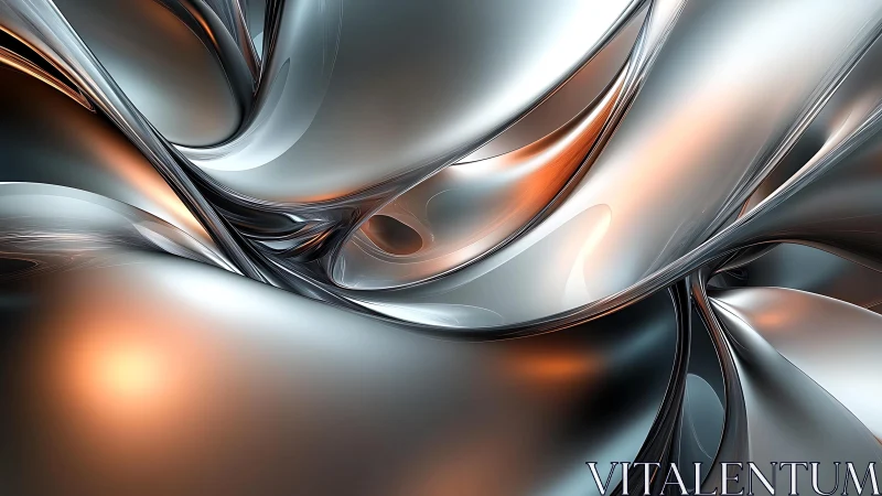 Futuristic Metallic Abstract Art with Fluid Silver and Orange Tones.