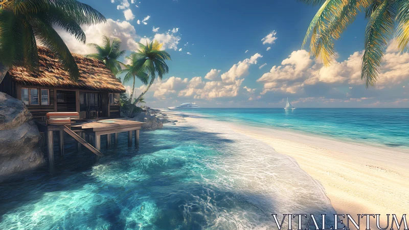 Tropical Beach Scene with Thatched Overwater Bungalow Structure